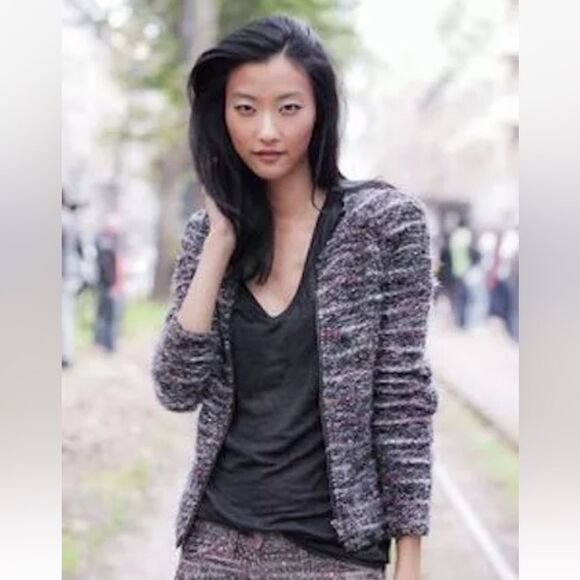 Isabel Marant Monty Wool Alpaca Black Varsity Jacket  Striped Tweed Size M - Picture 10 of 17